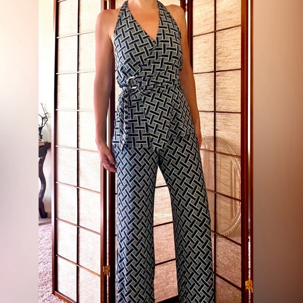 White House Black Market Navy & White Geometric Halter Jumpsuit